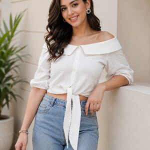 Elegant Off-Shoulder Tie-Up Casual Top for Women – White