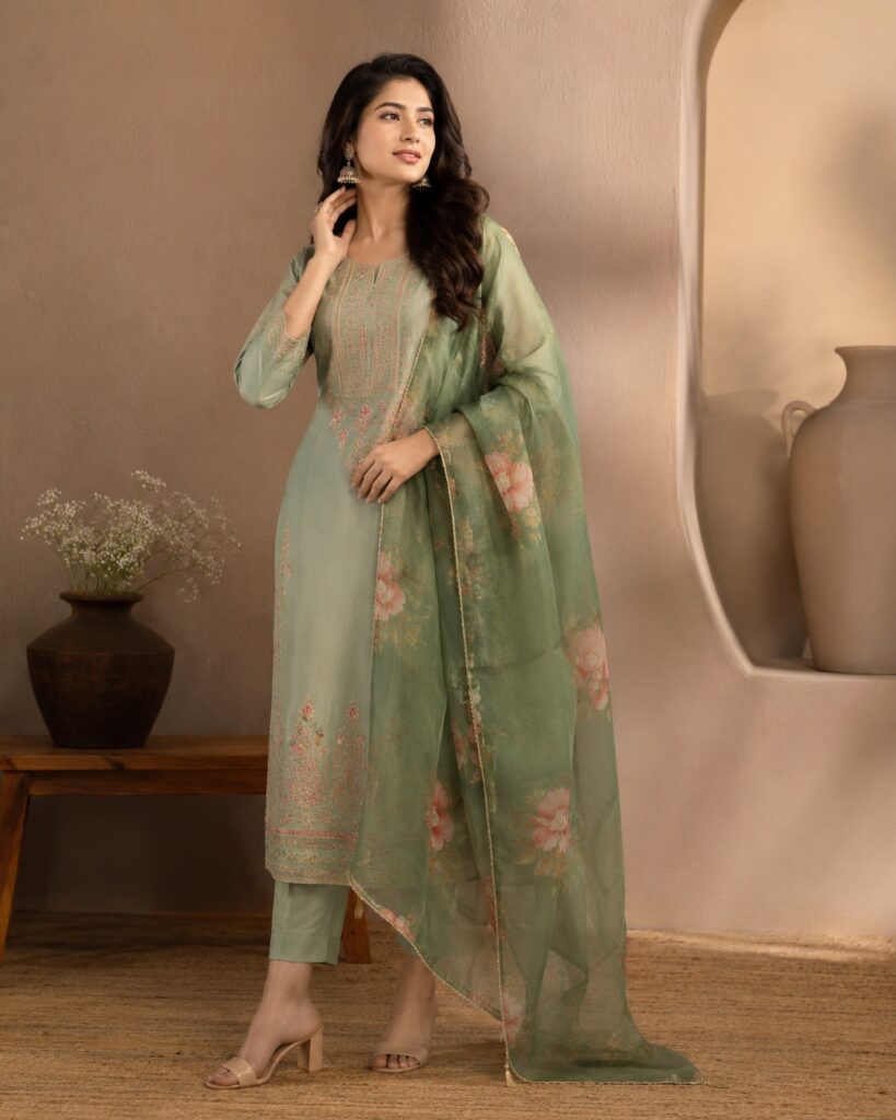 Women's Sage Green Embroidered Kurta Set with Floral Organza Dupatta | Elegant Ethnic Wear