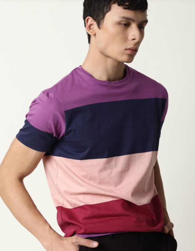 RARE RABBIT Men's Purple Colourblocked Slim Fit Cotton T-Shirt