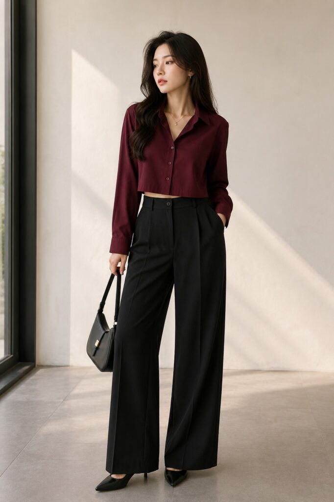 Minimal Korean Office Look | Crop Shirt & Wide-Leg Trousers for Women