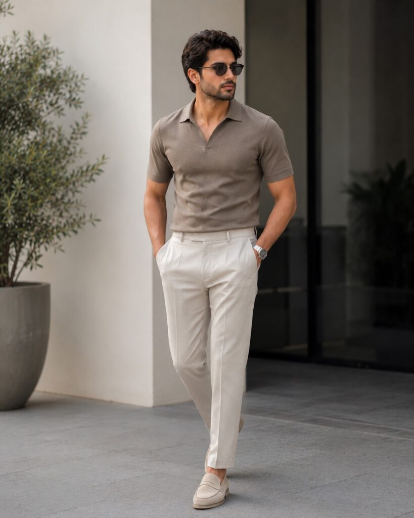 Taupe Polo T-Shirt with Off-White Tailored Trousers
